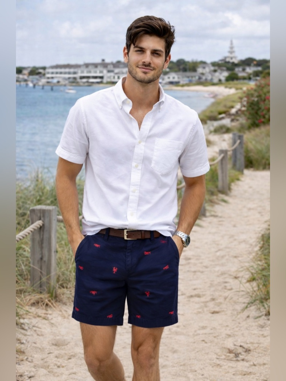 Chaps Lobster Embroidered Shorts Men 34 Navy Cotton Preppy Summer Nautical Coast